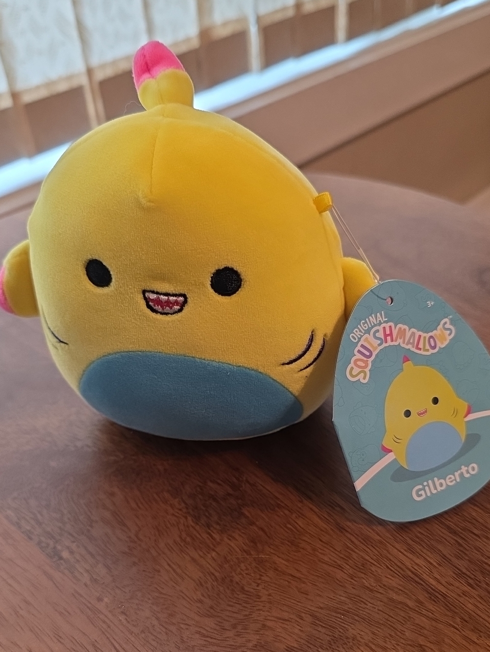 Squishmallows Gilberto Yellow Plush with Blue Belly and Pink Fin NWT